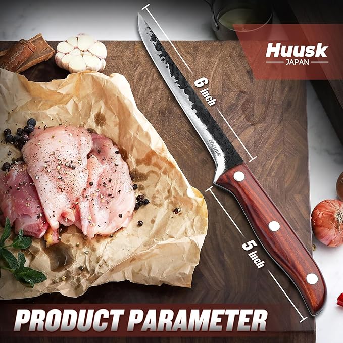 Huusk Boning Knife 6 Inch,Fillet Knife for Meat,Brisket Trimming Knife,Deboning Knife with Sheath,Japan Hand Forged Boning Knives For Kitchen Outdoor Camping Gift for Dad