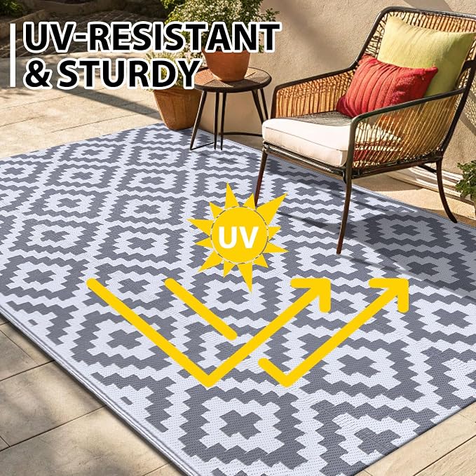 Smiry Outdoor Rug 10x14 ft Waterproof Reversible Boho Mat, White & Grey | Polypropylene Plastic Straw, Quick Drying, Lightweight Foldable, for Patio, Deck, RV Camping, Backyard and Indoor Outdoor Use