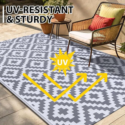 Smiry Outdoor Rug 9x12 ft Waterproof Reversible Boho Mat, White & Grey | Polypropylene Plastic Straw, Quick Drying, Lightweight Foldable, for Patio, Deck, RV Camping, Backyard and Indoor Outdoor Use