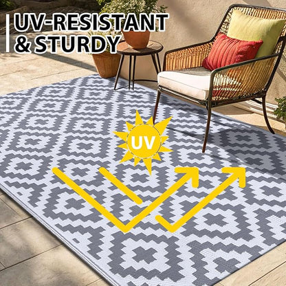 Smiry Outdoor Rug 5x8 ft Waterproof Reversible Boho Mat, White & Grey | Polypropylene Plastic Straw, Quick Drying, Lightweight Foldable, for Patio, Deck, RV Camping, Backyard and Indoor Outdoor Use