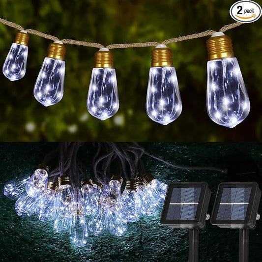 Solar Outdoor String Lights 2 Pack 24FT Vintage Rope Hemp Solar Lights with 20 Shatterproof Bulbs,8 Modes Solar Powered String Lights with Memory Function, Waterproof for Fence,Balcony,Garden(White)