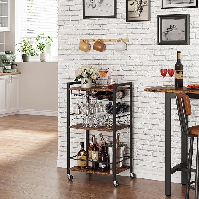 TUTOTAK Bar Cart with Wheels, Mini Drink Cart with Wine Rack & Glass Holder | 3-Tier 17 Inch Wide Home Bar Serving Carts, Small Mobile Kitchen Shelf with 6 Hooks, Rustic Brown BC01BB035