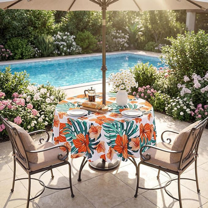 SquarePie Round Outdoor Talecloth with Umbrella Hole and Zipper 60 Inch,Water Resistant SpillProof Patio Table Cloth Cover for Spring Summer Camping Garden Poolside Picnic,Palm Leaf Orange Flower