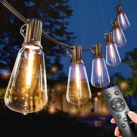 50FT Outdoor String Lights with Remote & Dimmer, Waterproof Patio Lights Commercial Grade ST38 LED - Shatterproof Edison Bulbs, Vintage Hanging Lighting for Backyard Garden Party