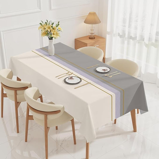 Vinyl Tablecloth 55x78 Rectangle, Heavy Duty Thick PVC Table Cover 100% Waterproof Oil-Proof, Easy Clean Wipeable Table Protector for Kitchen Dining Outdoor Picnic Party, Beige Grey Geometric Stripe