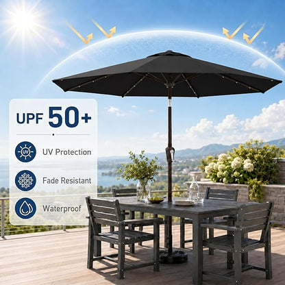 11FT Solar Patio Umbrella with Lights, Outdoor Table Market Umbrella with 32 LED Lights, 8 Sturdy Ribs, Smooth Crank Lift for Pool, Deck and Garden, UV-Resistant