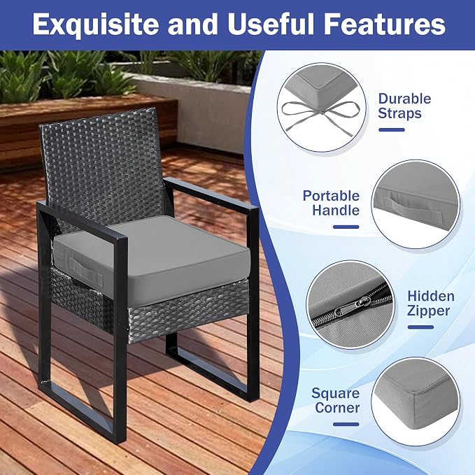 IASEAHK Patio Chair Cushions, 19" x 19" x 3" Outdoor Chair Cushions Set of 4, Waterproof Outdoor Cushions for Patio Furniture, Outdoors Seat Cushions with Handle and Ties, Light Grey