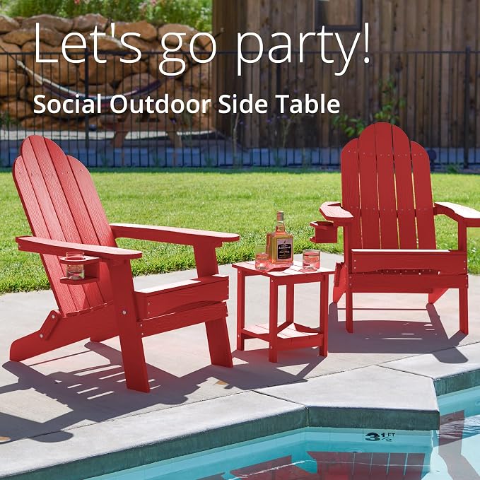 LUE BONA Outdoor Side Table, 2-Tier HDPS Small Patio Table, Bright Red | 2-Tier Shelf for Extra Storage, Small End Table for Pool, Porch, Balcony, Weather Resistant HDPS, Easy Clean