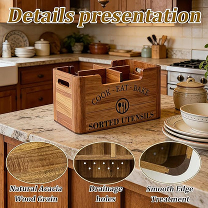 Upgraded Acacia Wood Kitchen Utensil Holder, Warm Aesthetic 3 DIY Storage Modes, Rustic Extra Large Utensil Holder for Countertop, Farmhouse Decor & Island