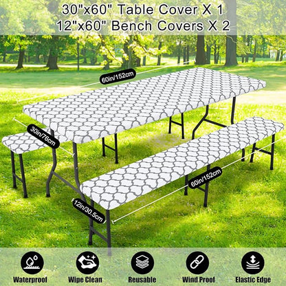 Smiry Picnic Table Cover with Bench Covers, Waterproof Elastic Fitted Tablecloth for 5 Foot Tables, Washable Polyester Tablecloths for Camping, Indoor & Outdoor (White, 30x60 Inch 3-pc Set)