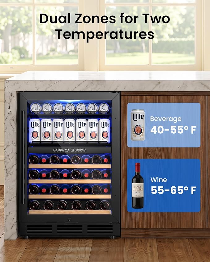 24 Inch Dual Zone Wine Fridge and Beverage Refrigerator, 63 Cans & 30 Bottles, Built-in Freestanding Under Counter Wine Cooler, UV Glass Door, Quiet Cooling, Lock, for Home Bar Office, Black