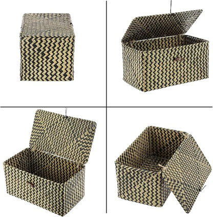 Hipiwe Wicker Shelf Baskets with Lid Seagrass Storage Baskets Handwoven Household Organizer Rectangular Woven Organizer Box for Storage Shelf Wardrobe,Medium