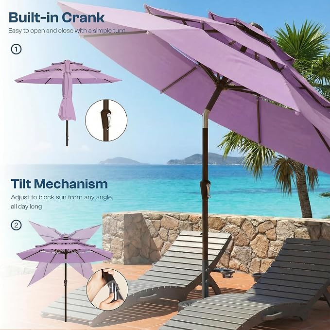 10ft Patio Umbrella, 3 Tier Outdoor Market Table Umbrellas with 8 Fiberglass Ribs and Push Button Tilt, Windproof, Vented Canopy, UV Protection for Deck, Pool, Backyard
