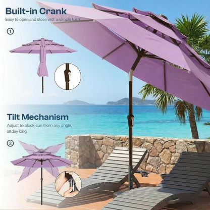 10ft Patio Umbrella, 3 Tier Outdoor Market Table Umbrellas with 8 Fiberglass Ribs and Push Button Tilt, Windproof, Vented Canopy, UV Protection for Deck, Pool, Backyard