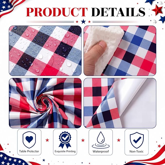 6 Pcs 4th of July Disposable Checkered Tablecloth Round Red White Blue Plastic Buffalo Plaid Independence Table Cloth 84'' Gingham Tablecover for Patriotic Picnic Camping BBQ Graduation Party