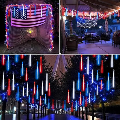 4th of July Decorations Outdoor, USA 250th Anniversary Red White and Blue Solar Meteor Shower Lights, 18 Tubes 432 LEDs Waterproof Patriotic String Lights for Independence National Memorial Day Decor