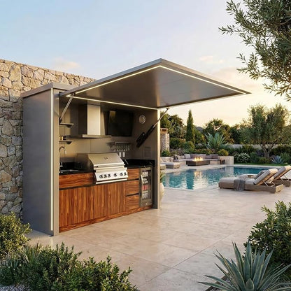 Outdoor Kitchen BBQ Pod, Modular Stainless Steel Barbecue Cabinet, Prefabricated Garden Cooking Shed, Custom Weatherproof Fridge, Luxury Appliance & Bar Modules for Outdoor Entertaining
