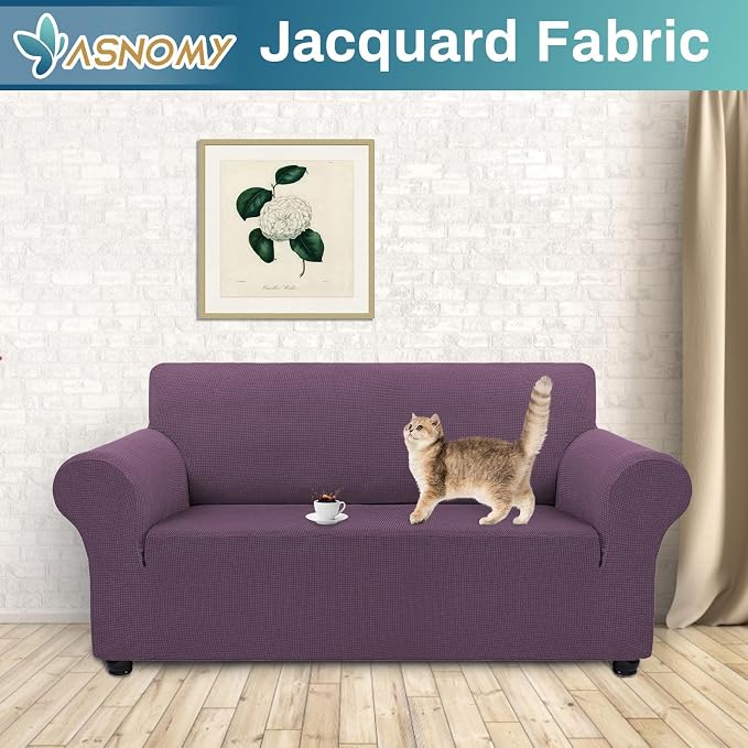 Asnomy Stretch Couch Covers Washable, loveseat Cover Slipcovers,Gray Purple | 1-Piece Sofa Cover(55"-78") loveseat cover Furniture Protector Soft Jacquard,Non-Slip Elastic Bottom for Dogs & Kids