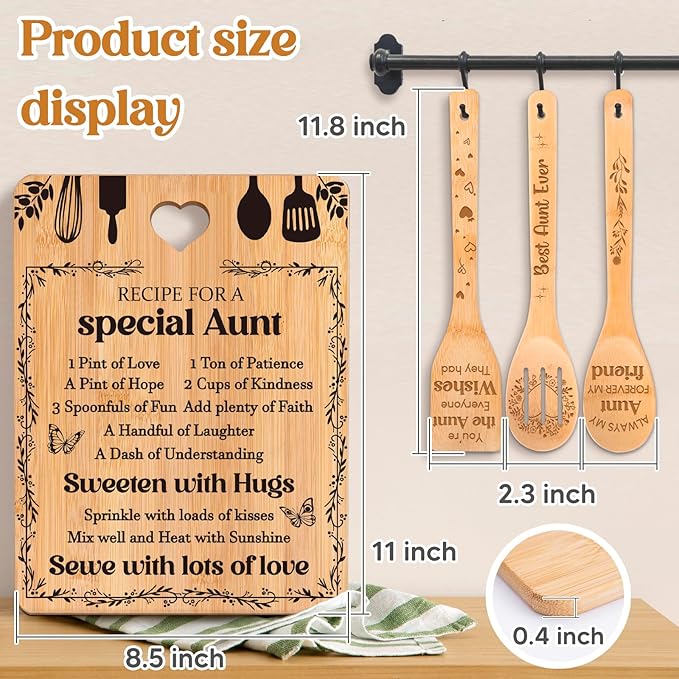 Gifts for Aunt - "Recipe for a Special Aunt" Aunt Birthday Gifts Cutting Board Set, Bamboo-Made Engraved Utensil Set, Aunty Birthday Gifts, Mothers Day Gifts for Aunt