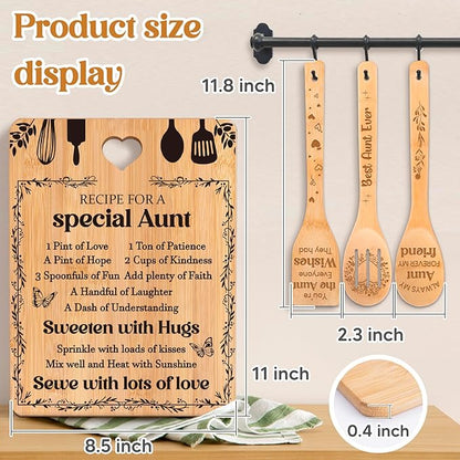 Gifts for Aunt - "Recipe for a Special Aunt" Aunt Birthday Gifts Cutting Board Set, Bamboo-Made Engraved Utensil Set, Aunty Birthday Gifts, Mothers Day Gifts for Aunt