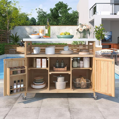 Outdoor Grill Cart with Storage, Rolling Bar Cart and Lockable Wheels, Farmhouse Solid Wood Outdoor Grill Table with Stainless Steel Top, Spice Rack, Towel Rack for Kitchen and BBQ, Natural