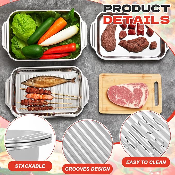 4 Pcs Grill Prep Trays Set Stackable Stainless Steel Grilling Prep and Serve Tray Includes 2 Deep Grill Platter, Shallow BBQ Serving Tray and Bamboo Cutting Board for BBQ Outdoor Grilling
