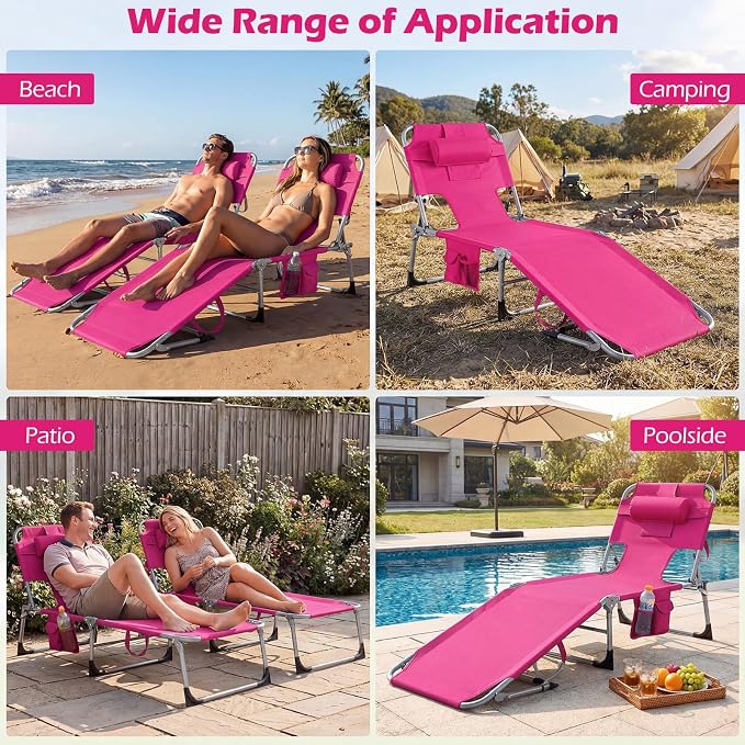 HAPPYGRILL Folding Tanning Chair with Face Hole, Outdoor Beach Sunbathing Chaise Lounge with Adjustable Backrest, Side Pocket, Pillow, Portable Recliner for Poolside Backyard