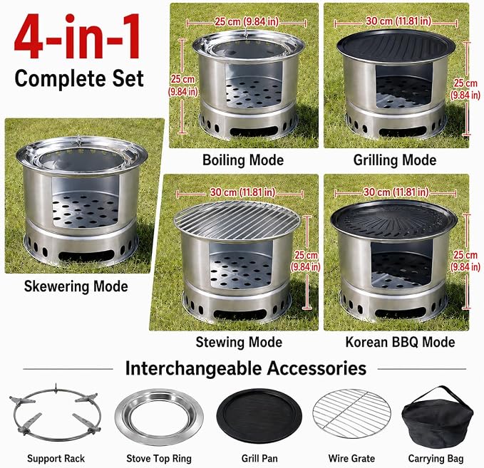 4-in-1 Wood Burning Camping Stove with Grill Pan, Skewer Rack and BBQ Plate | 4-in-1 outdoor cooking set; wood burning stove; grill pan; skewer rack; BBQ plate; camping, picnic, backyard BBQ