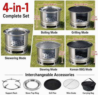 4-in-1 Wood Burning Camping Stove with Grill Pan, Skewer Rack and BBQ Plate | 4-in-1 outdoor cooking set; wood burning stove; grill pan; skewer rack; BBQ plate; camping, picnic, backyard BBQ