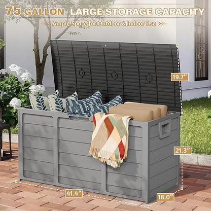 75 Gallon Outdoor Deck Storage Box, Heavy Duty Resin with Lockable Lid, UV Resistant for Patio Furniture, Garden Tools(Grey)