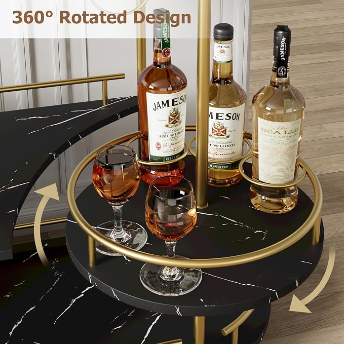 GarveeHome 3-Tier Bar Cart on Wheels, Mobile Serving Cart with Wine Rack and Glass Holder, Metal Kitchen Utility Cart for Coffee Station, Mini Home Bar, Dining Room - Gold+Black