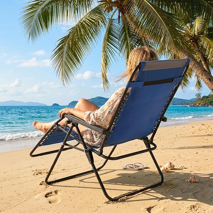 Sweetcrispy Zero Gravity Chairs, Foldable Patio Reclining Chairs with Adjustable Pillow & Cup Holder, Oversized Portable Support 400 lbs, for Backyard Camping, Blue-Gray