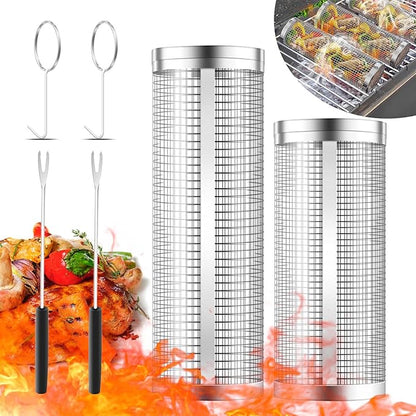 KAYCROWN Stainless Steel Grill Baskets, 2Pcs (12Inches & 8Inches), BBQ Grill Accessories with 2 Forks & 2 Hooks, Silver
