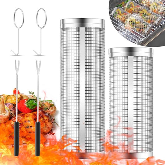 KAYCROWN Stainless Steel Grill Baskets, 2Pcs (12Inches & 8Inches), BBQ Grill Accessories with 2 Forks & 2 Hooks, Silver