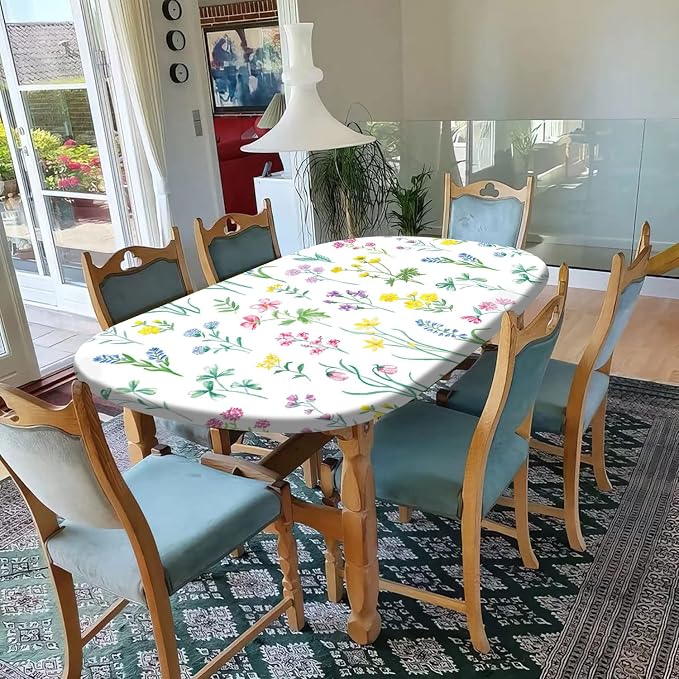Spring Flowers Oval Fitted Tablecloth, Purple Lavender & Pink Floral Elastic Edged Cover, Fits to 48x68 in Tables, Cloths for Outdoor Picnic Camping Indoor Kitchen Dining Party Use