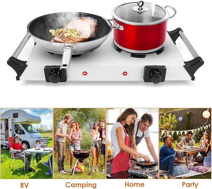 Electric Hot Plate for Cooking, 2000W Portable Cooking Stove Countertop Dual Burner Cooktop, Adjustable Temperature Control for All Cookwares Home Camp RV, Easy to Clean (Silver)