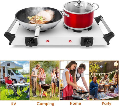 Electric Hot Plate for Cooking, 2000W Portable Cooking Stove Countertop Dual Burner Cooktop, Adjustable Temperature Control for All Cookwares Home Camp RV, Easy to Clean (Silver)