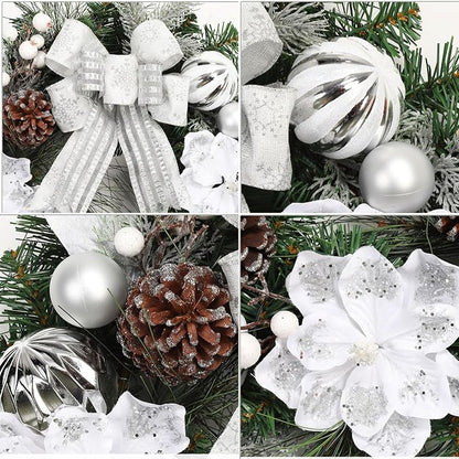 GarveeHome Christmas Wreath with Lights, 24 in Pre-lit Silver White Xmas Wreath with 20 Battery Operated LED Lights Artificial Magnolia Flower & Bow for Front Door Window Indoor Outdoor Decorations