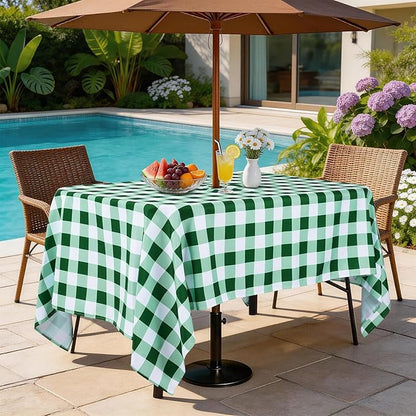 Poise3EHome Rectangle Outdoor Tablecloth with Umbrella Hole and Zipper,Green and White Gingham 104x60 Inch,SpillProof Washable Table Cloth for Spring Summer Patio Garden Poolside Picnic Camping BBQS