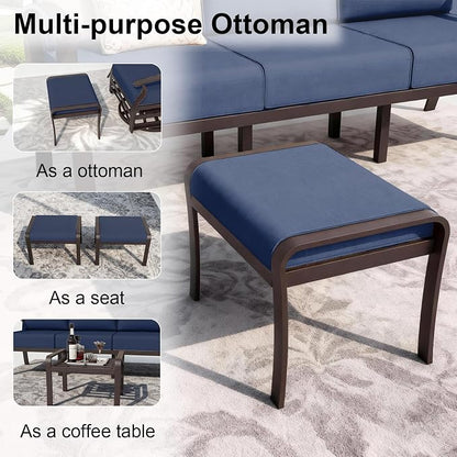 ALAULM Aluminum Patio Furniture Set with Coffee Table Rectangular, 6-seat Outdoor Sectional Furniture w/Swivel Chairs and 2 Ottomans, Patio Conversation Set for Porch, Backyard, Poolside-Dark Blue