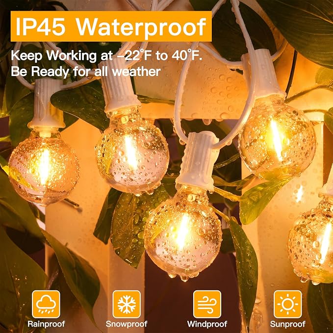 Ollny 100FT Outdoor String Lights, Waterproof Connectable Shatterproof Outside Light with 50 Edison + 3 Spare LED Bulbs Plug in, Patio Lights for Indoor Balcony Porch Camping Deck White