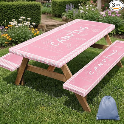 Picnic Table Cover with Bench Covers Elastic Edges, Pink Camper Fitted Table Cover, Outdoor Patio Camping Essentials 72 Inch 3PCS, Waterproof Camping Fitted Tablecloth with Drawstring Bag