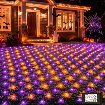 360LED Net Lights Halloween Decorations, 21ft x 5ft Purple Orange Mesh Lights with 8 Modes & Timer, Connectable Waterproof Twinkle String Light for Bushes Tree Garden Lawn Holiday Outdoor Party