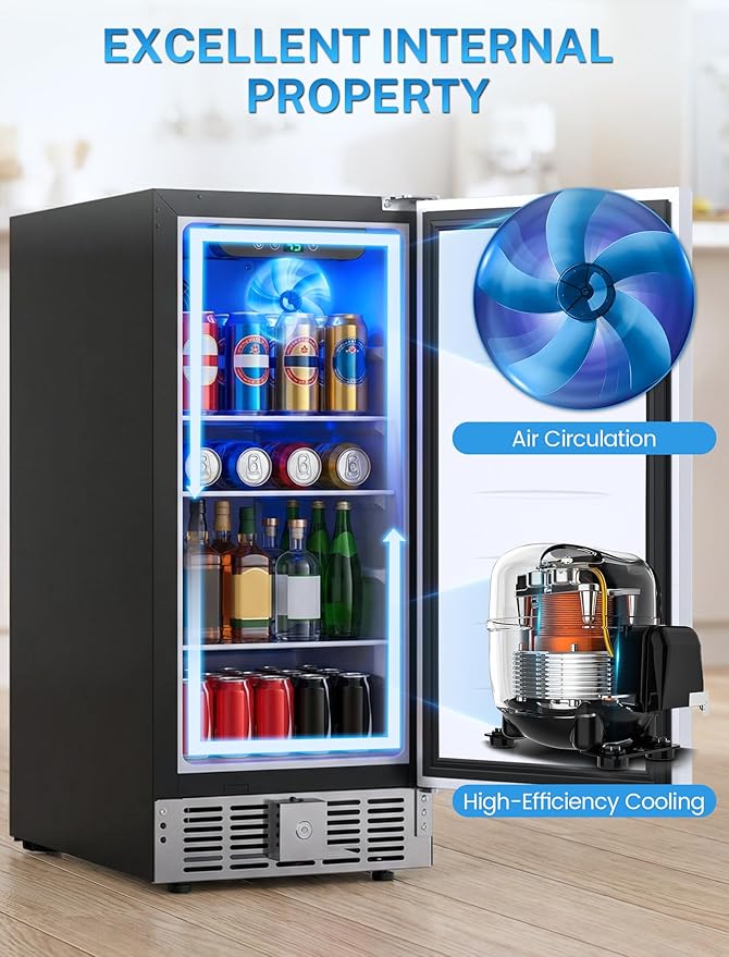 Electactic 15 Inch Beverage Refrigerator, Under Counter Drink Fridge with Stainless Steel Door, Built-in & Freestanding Beverage Cooler for Beer Wine Soda, Outdoor Refrigerator for Patio Home Kitchen