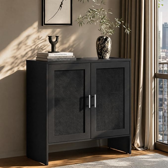 DHZ Buffet Cabinet with Storage, Farmhouse Sideboard with Black Rattan Doors & Adjustable Shelf, 31.5" Narrow Coffee Bar Cabinet, Kitchen Storage Credenza, Entryway Accent Liquor Cabinet