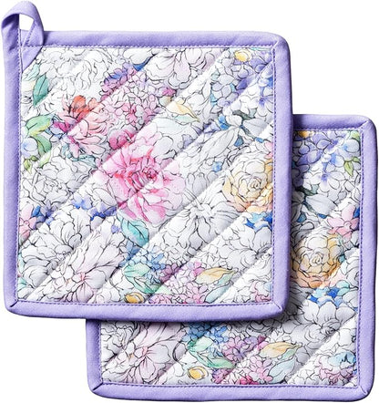 Maison d' Hermine Pot Holders 100% Cotton Heat Resistant Potholders 8" x 8" Hot Pads with Loop BBQ Cooking Baking Hotel Farmhouse Kitchen Handling Hot Pans Spring Summer (Pack of 2, Floral Love)