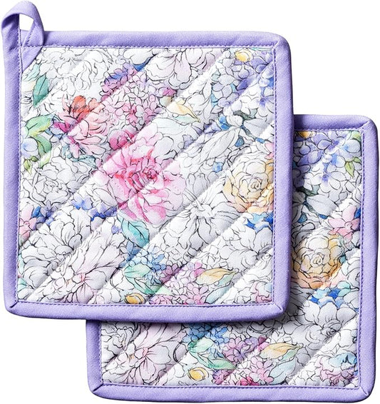 Maison d' Hermine Pot Holders 100% Cotton Heat Resistant Potholders 8" x 8" Hot Pads with Loop BBQ Cooking Baking Hotel Farmhouse Kitchen Handling Hot Pans Spring Summer (Pack of 2, Floral Love)