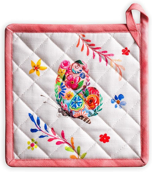 Maison d' Hermine Pot Holders 100% Cotton Heat Resistant Potholders 8" x 8" Hot Pads with Loop Baking Hotel Farmhouse Kitchen Handling Hot Pans Spring Summer (Pack of 1, Happy Florals - High Summer)
