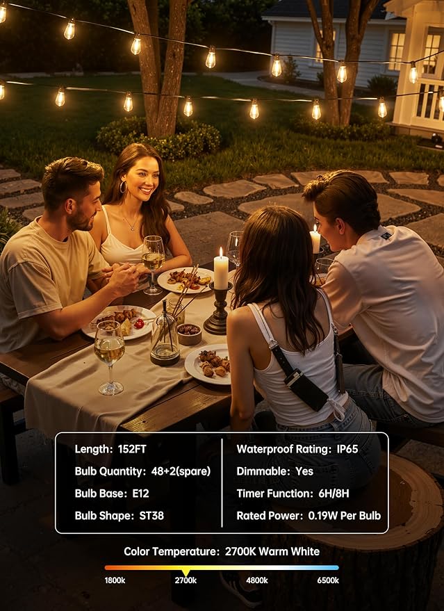 Minetom 152FT Outdoor String Lights with Remote, Shatterproof ST38 LED Bulbs, Waterproof Patio Lights with 3 Modes, Dimmable & Connectable 2700K Hanging Lights for Backyard Porch Deck Balcony