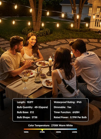Minetom 152FT Outdoor String Lights with Remote, Shatterproof ST38 LED Bulbs, Waterproof Patio Lights with 3 Modes, Dimmable & Connectable 2700K Hanging Lights for Backyard Porch Deck Balcony